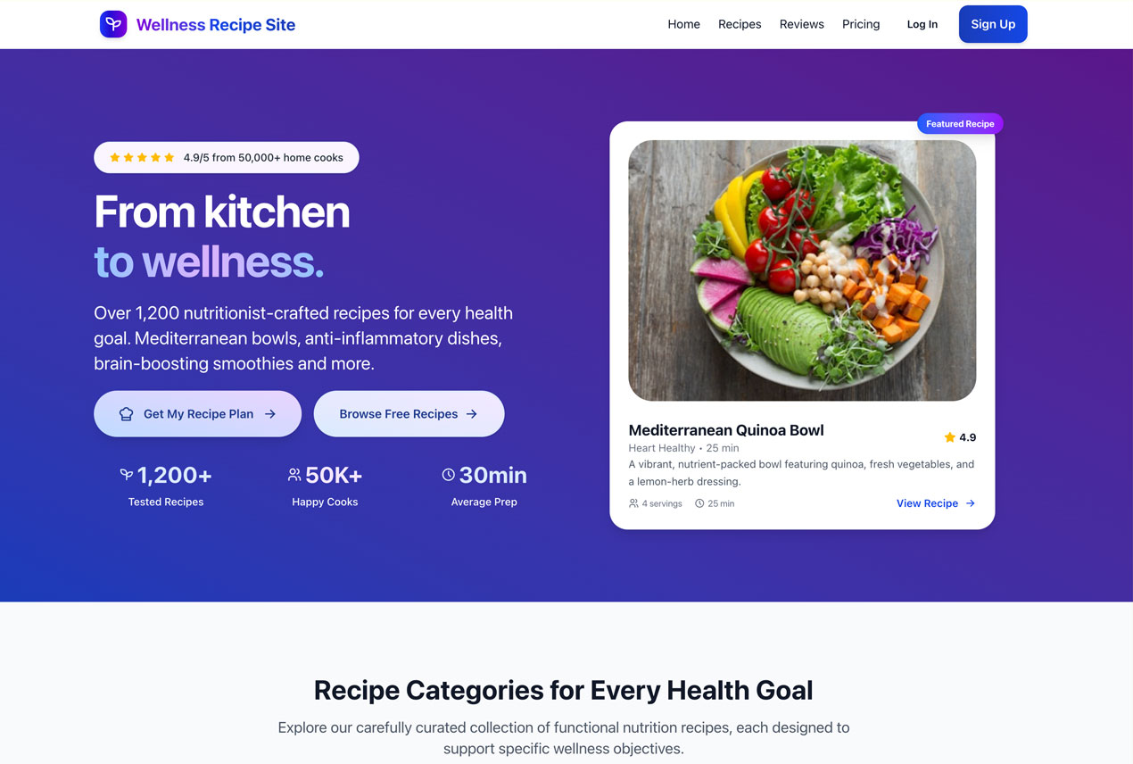 Wellness Recipe Site - Upcoming UI for curated recipes and meal plans